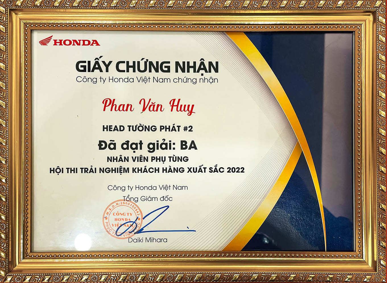 Giải Ba hạng mục Nhân Viên Phụ Tùng Xuất Sắc 2022